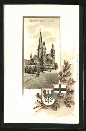 Passepartout-Lithographie Bonn, Strassenpartie am Münster, Wappen