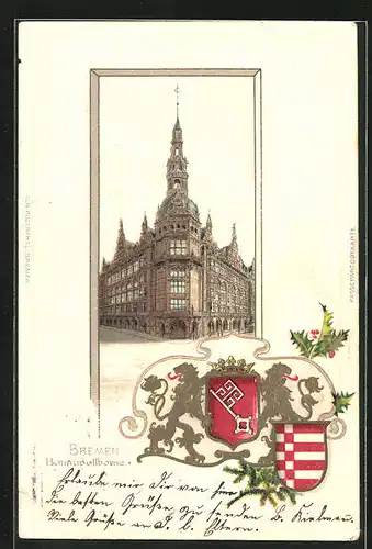 Passepartout-Lithographie Bremen, Darstellung der Baumwollbörse, Wappen