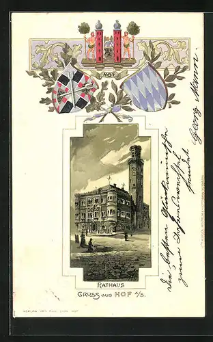 Passepartout-Lithographie Hof /Saale, Darstellung vom Rathaus, Wappen