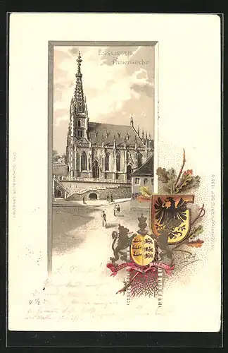 Passepartout-Lithographie Esslingen, Darstellung der Frauenkirche, Wappen