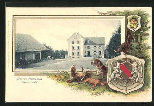 Passepartout-Lithographie Hochblauen /Schwarzwald, Gasthaus im Sonnenschein, Wappen