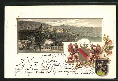 Passepartout-Lithographie Heidelberg, Schloss von der gegenüberliegenden Neckarseite, Wappen
