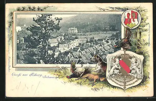 Passepartout-Lithographie Triberg /Schwarzwald, Teilansicht der Ortschaft, Wappen