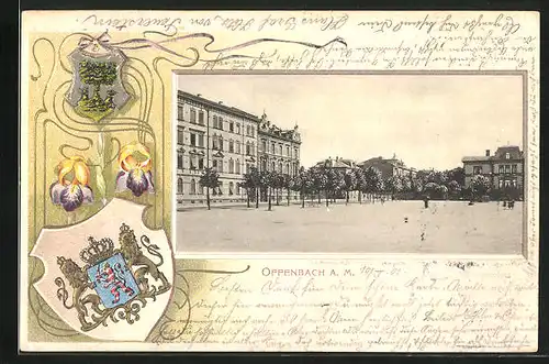 Passepartout-Lithographie Offenbach a. M., Gebäude am Wilhelmsplatz, Wappen