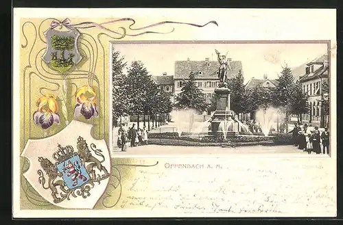 Passepartout-Lithographie Offenbach a. M., Alicenplatz mit Denkmal, Wappen