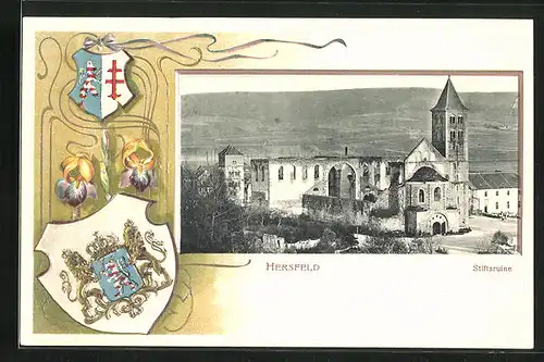 Passepartout-Lithographie Hersfeld, Blick auf die Stiftsruine, Wappen