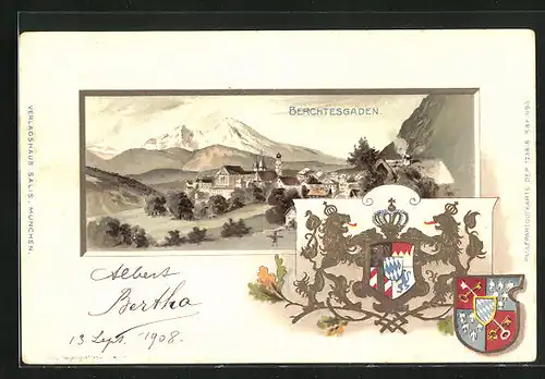 Passepartout-Lithographie Berchtesgaden, Panoramablick auf Ort und Gebirge, Wappen
