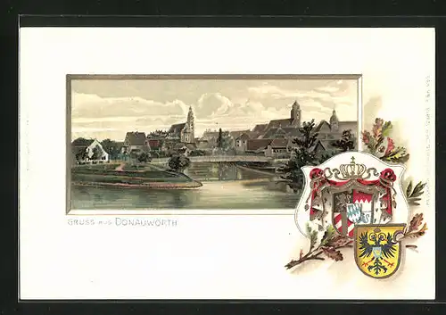 Passepartout-Lithographie Donauwörth, Ortspartie am Fluss, Wappen