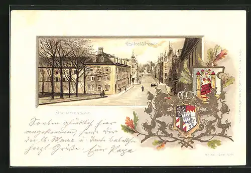 Passepartout-Lithographie Aschaffenburg, Blick in die Luitpoldstrasse, Wappen