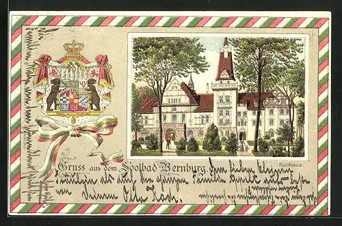 Passepartout-Lithographie Bernburg, Darstellung vom Kurhaus, Wappen