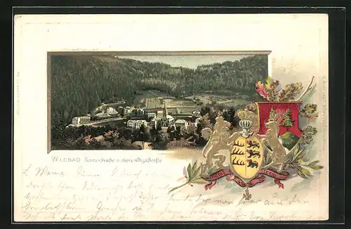 Passepartout-Lithographie Wildbad, Kernerstrasse und obere Olgastrasse, Wappen