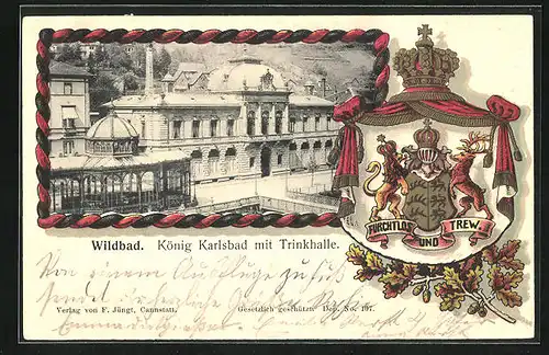 Passepartout-Lithographie Wildbad, König Karlsbad mit Trinkhalle, Wappen