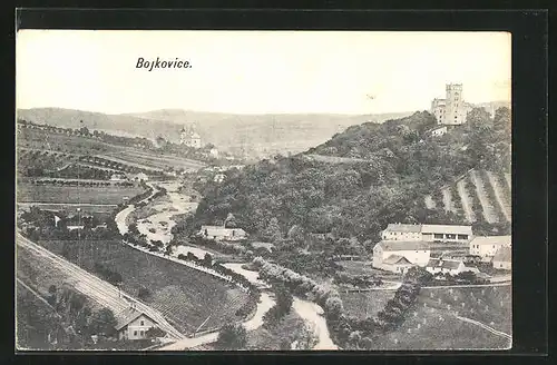 AK Bojkovice, Fliegeraufnahme mit Burg im Hintergrund