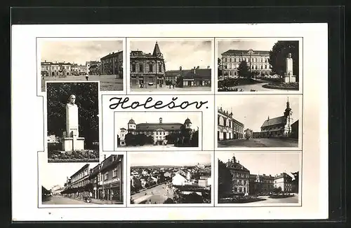AK Holleschau /Holesov, Denkmal, Kirche, Strassenpartie