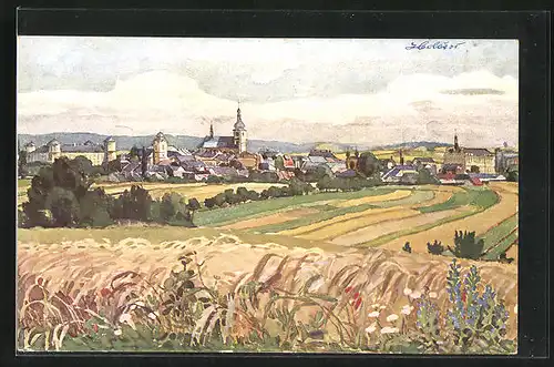 Künstler-AK Holleschau /Holesov, Blick über reife Kornfelder auf den Ort