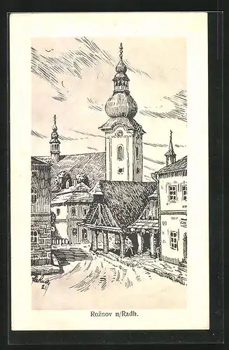 Künstler-AK Roznov n. Radh., Strassenpartie mit Kirche