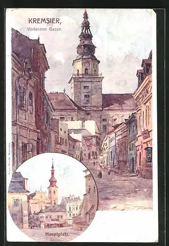 Künstler-AK Kromeriz, Hauptplatz, Strasse Verlorene Gasse