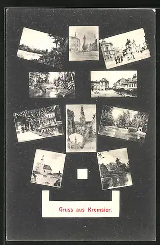 AK Kremsier, Kirche, Brücke, Uferpartie