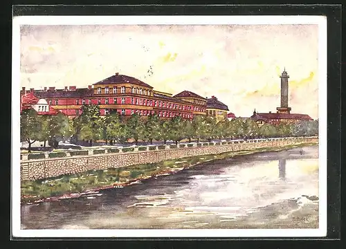 Künstler-AK Mor. Ostrava, Krajsky soud, Flusspartie