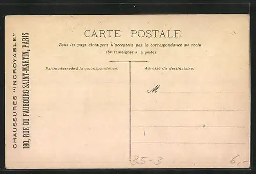 Künstler-AK Paris, Chaussures Incroyabel, 180, Rue du Faubourg Saint-Martin, Paar mit Hund im Boot, Reklame