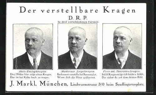 AK München, J. Markkl, Lindwurmstrasse 3 beim Sendlingertorplatz, Der verstellbare Kragen D. R. P., Reklame