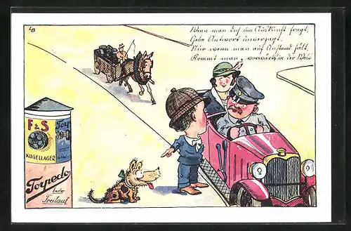 AK Hundehalter fragt Autofahrer um Auskunft, Reklame für Torpedo Freilauf von der Fichtel & Sachs AG