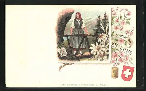 Lithographie Grisons, Frau in Tracht, Locle & Morteau, J. Klaus, Fabrique de Chocolat
