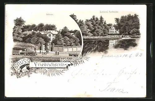 Vorläufer-Lithographie Friedrichsruh, 1892, Schloss, Parkseite