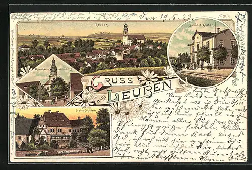 Lithographie Leuben / Nossen, Bahnhof, Schloss Schleinitz, Totalansicht
