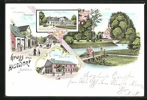 Lithographie Haseldorf /Holst., H. Glismann`s Warenhaus, Gasthaus C. Dechow, Schloss mit Park