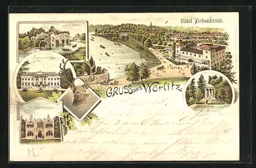 Lithographie Wörlitz, Hotel Eichenkranz, Venus-Tempel, Schloss