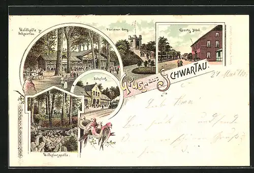 Lithographie Schwartau, Geertz Hotel, Gasthaus Waldhalle, Bahnhof