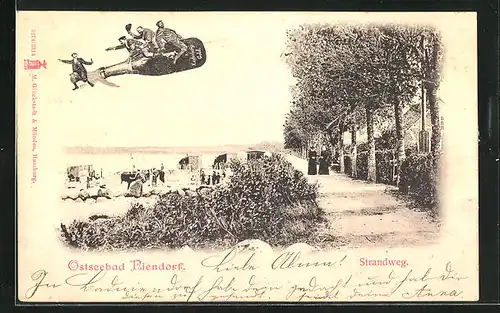 AK Niendorf /Ostsee, Strandweg, Männer reiten auf einer Flasche Kupferberg Gold, Fliegende Menschen