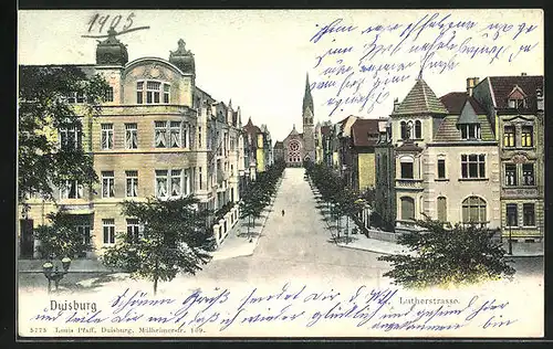 AK Duisburg, Lutherstrasse mit Blick zur Kirche