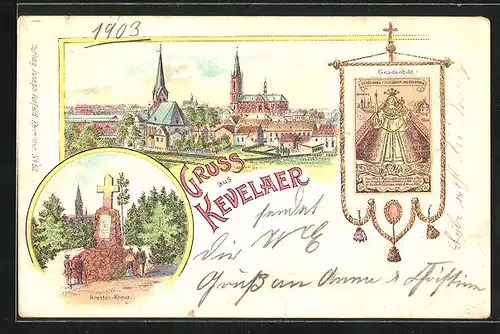 Lithographie Kevelaer, Kroaten-Kreuz, Gnadenbild, Ortsansicht