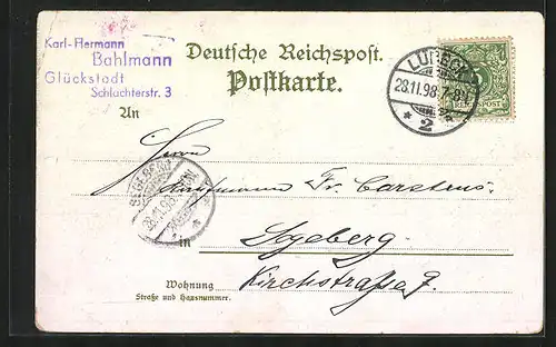 Lithographie Glückstadt, Wasserturm, Kaiserl. Postamt, Marktplatz