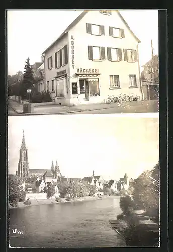Foto-AK Ulm, Bäckerei K. Bonnet, 1960, Flusspartie mit Münster