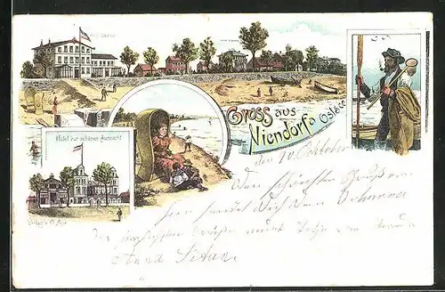 Lithographie Niendorf, Hotel zur schönen Aussicht, Hotel Belelvue, Fischer mit Netz