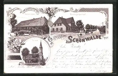 Lithographie Schönwalde i. Holst., Bünnings Gasthof, Organistenhaus, Kirche