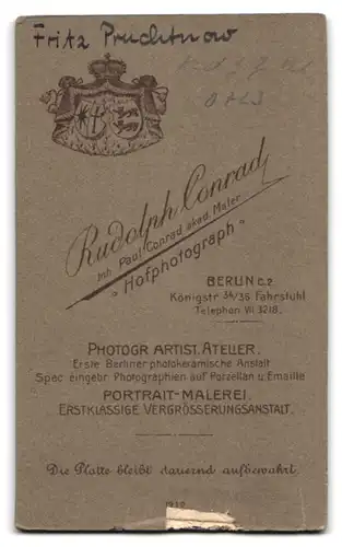 Fotografie Rudolph Conrad, Berlin, Königstrasse 34, Einjährig-Freiwilliger Fritz Pruchtnow des K. A. G. Gren. Rgt