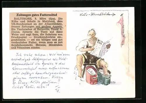 Handzeichnung Mann liest Zeitung während Fussbad, Zeitungsartikel aus Baltimore, datiert: 1971