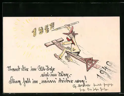 Handzeichnung Technischer Zeichner fliegt auf Lineal ins neue Jahr, 1941, Künstler: G. Stahl