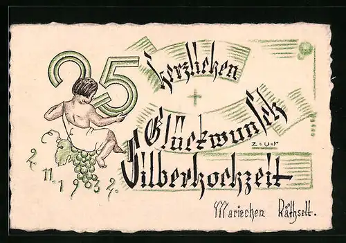 Handzeichnung Kind auf Weintrauben, Silberhochzeit 1932