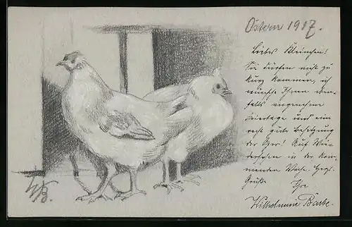 Handzeichnung Ostergruss mit Hühnern, datiert: 1917