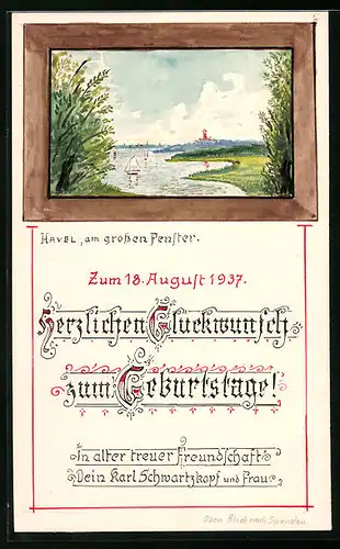 Handzeichnung Havel, Am grossen Fenster mit Blick nach Spandau, datiert: 1937