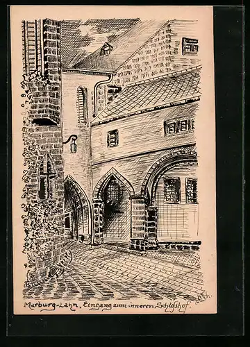 Handzeichnung Marburg /Lahn, Eingang zum inneren Schlosshof