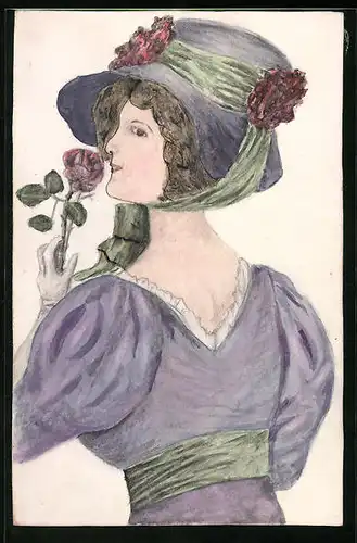 Handzeichnung Dame in violettem Gewand mit Rose