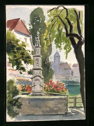 Handzeichnung Luzern, Ortspartie mit Brunnen, Künstler: Moussant, datiert: 1931
