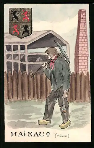 Handzeichnung Hainaut, Mineur, Minenarbeiter mit Spitzhacke, Wappen