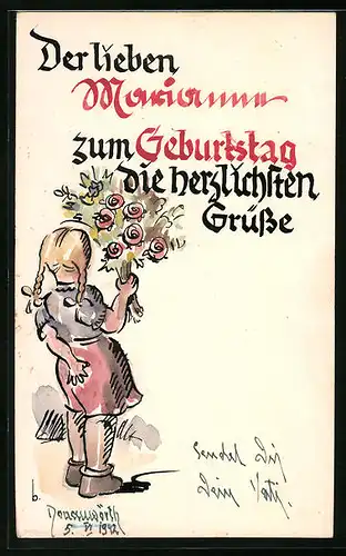 Handzeichnung Mädchen mit Blumenstrauss, datiert: 1942 in Donauwörth